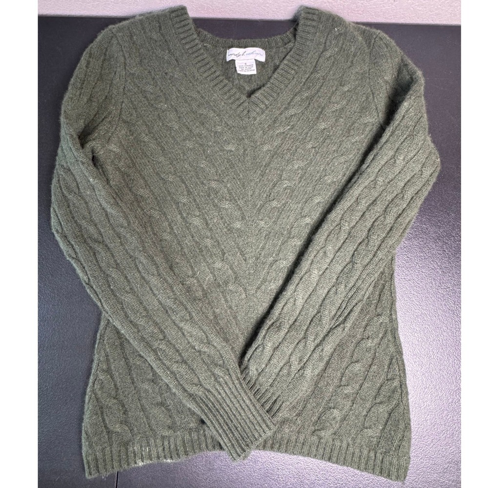 Wendy B. Cashmere Women Olive Green Cable Knit V-Neck Sweater Size S